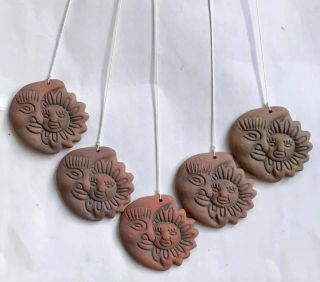 Vintage AZTEC MAYAN RED MEXICAN CLAY POTTERY WALL HANGING Face Sun Wind Chime 11 3