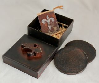 Jan Barboglio Hand Forged Iron Fleur - De - Lis Box With Two Coasters & Tag 4x4 "