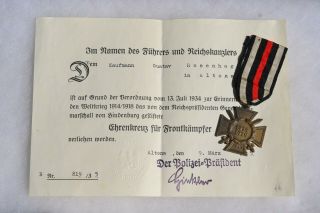 German Combatants Cross Of Honor 1914 1918 With 1935 Document Award