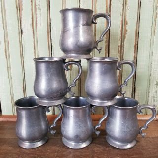 6 Vintage Crown Castle Pewter Mugs Metal Belly Shaped Cup Queen Anne Style