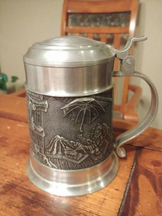 Rein Zinn Solid Pewter German Stein With Lid Etched Scenes On Side Heavy 5.  5 "