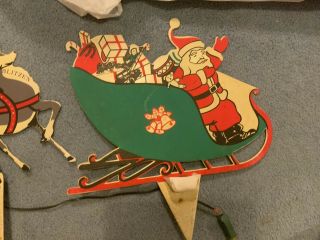 Vintage Plastic Santa Claus In Sleigh With Eight Reindeer Lighted Yard Stakes