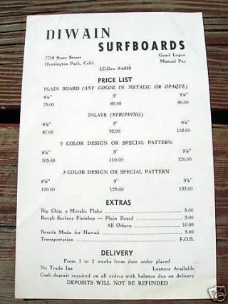 Vintage Surfboards Diwain Price List Surfboard 1960s