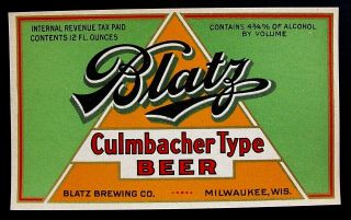 Irtp Blatz Brewing Co Blatz Culmbacher Type Beer Label Wi 12oz