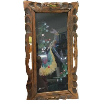 Mexican Feather Craft Bird Picture Hand Carved Wood Frame
