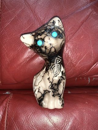 Native American Navajo Horse Hair Pottery Kitten Cat Hand - Etched W/turquoise