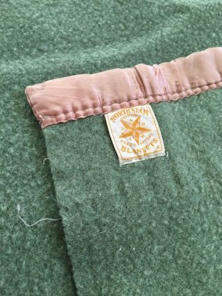 Vintage Northstar Wool Blanket Full Size Green With Peach Satin Trim Great Condi