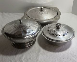 2 Continental Silver Co.  Wild Rose Hammered Alum Covered Dish,  1 Royal Sealy Dish
