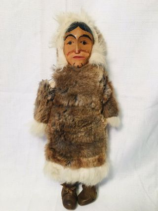 Inuit Alaskan Native American Folk Art Doll Early 20th C Carved Wood Face Fur
