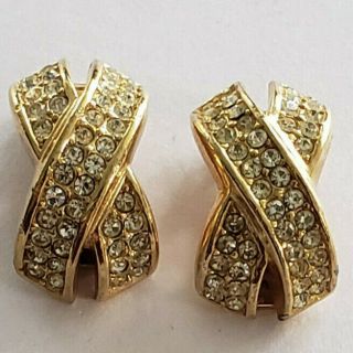 Vintage Christian Dior Pave Rhinestone Crossover (x) Gold Clip - On Earrings
