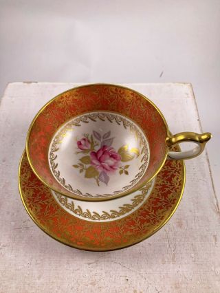 Vintage Aynsley Burnt Orange Gold Pink Cabbage Rose Tea Cup And Saucer