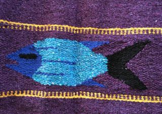 Vintage Woven Wool? Mexican Blanket Rug With Fish Zapotec