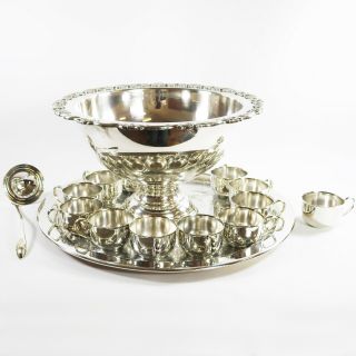 15 Pc Oneida Silver Plate Punch Bowl Set - Tray,  Bowl,  Ladle,  12 Cups