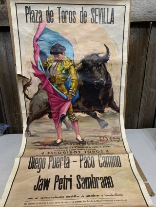 Vintage Bull Fighting Poster Plaza De Toros De Sevilla Authentic