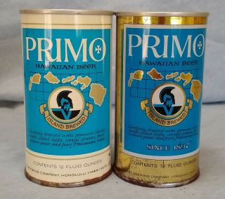 2 Vintage Primo Hawaiian Beer 12 Oz Steel Cans Pull Tab Top Opened 1974 And 1976