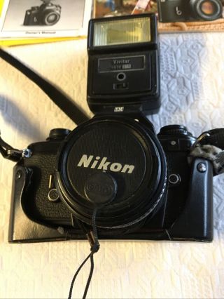 Vintage Nikon EM 35mm SLR Film Camera 50mm f1.  8 Series E Lens Flash 2
