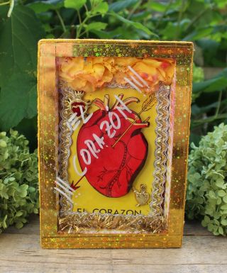 The Heart - El Corazon Wood Shadow Box Retablo Nicho Handmade Mexican Folk Art
