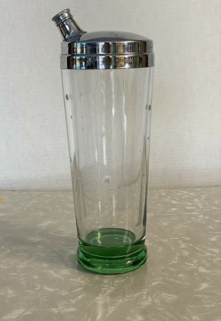 Vintage Art Deco Green Glass Cocktail Shaker With Chrome Top Etched Fish