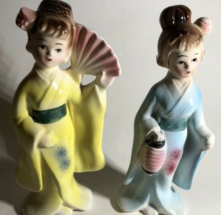 Vintage Porcelain Geisha Girl Figurines Kimono Obi Parasol Pastel Japan 6”