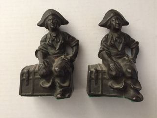 Set Of Vintage Cast Iron Pirate Bookends Seated On Treasure Chest