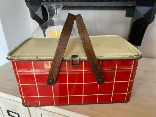 Vintage Tin Metal Picnic Basket With Wood Handles Red Checked