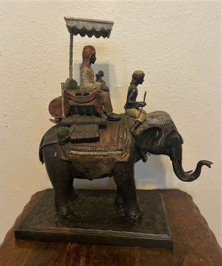 Large Vintage Asian Painted Cast Bronze Elephant W/ Riders & Howdah - 16 "