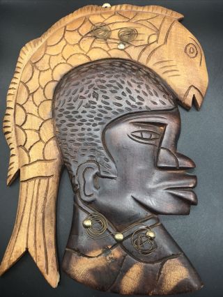 African Tribal Mask Fish Hand Carved Wood Wall Home Decor Art Wooden Tribe Face