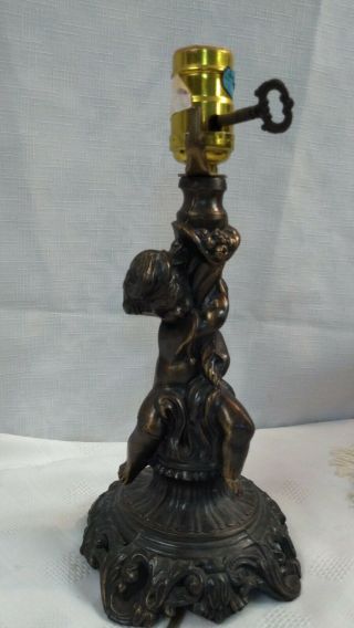 L&l Wmc Cast Metal Cherub Boy Figural Table Lamp W/ Fringed Shade Vintage
