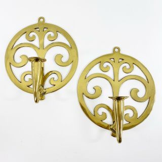 Pair Virginia Metalcrafters Brass Wall Sconce Candle Holder Round Tree Of Life