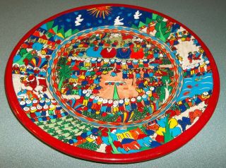 Lg 16 " Vintage Folk Art Hand Painted Mexican Pottery Platter Plate Wall Hanging