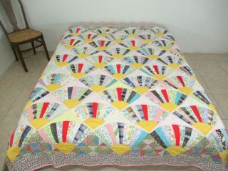 For Restoration: Vintage Cotton W/ Feed Sack Borders Fan Quilt; 88 " X 74 "