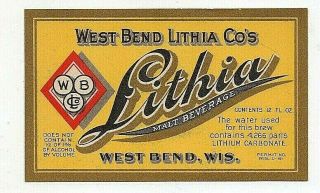 12oz Lithia Malt Beverage Bottle Label By West Bend Lithia Co West Bend Wis