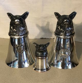 Vintage Leonard Silver Plated/pewter Fox Stirrup Cups And Unmarked Shot Stirrup