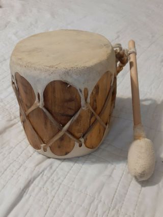 Vintage Rawhide Wood Hand Drum With Mallet Native American Ceremonial 5 " Small