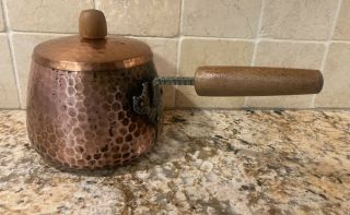 Vintage Sigg Switzerland Forged Hammered Copper Pot With Wood Handle And Lid