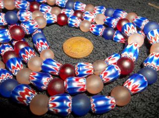 Antique Red White And Blue Chevron Trade Bead Necklace Glass Beads