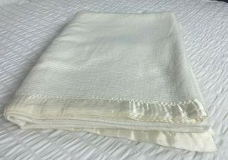 Vintage Waffle Weave Acrylic Blanket Satin Trim White Thermal 71 " X91 " Queen