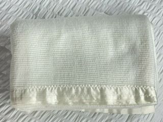 Vintage Waffle Weave Acrylic Blanket Satin Trim White Thermal 71 