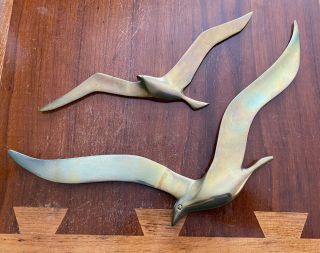 Two Vintage Brass Flying Birds Seagull Wall Hanging Sculpture Mid Century