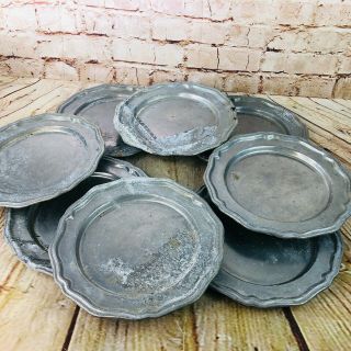 Vintage Crown Castle Pewter 9.  75 " Inch Dinner Plate Set Of 8 - Made In Usa