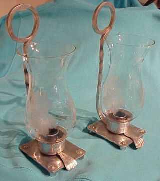 Pair (2) Vintage Buenilum Hand Forged Hammered Aluminum Wall Candle Sconces