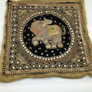 Vintage Burmese Kalaga Tapestry Elephant Sequins Glass Beads Fabric 15 X 15 " A
