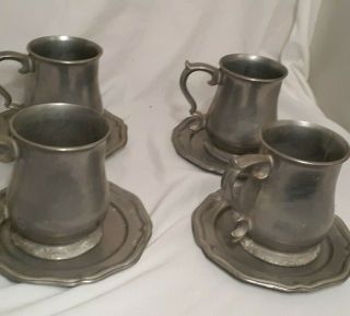 Vintage Crown Castle Ltd Pewter Mugs And Small Plates Queen Anne