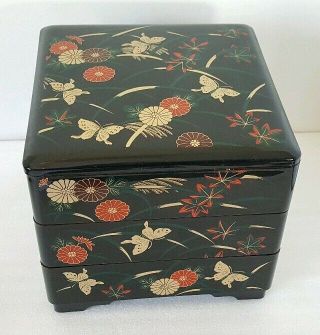 Japanese Black Lacquer Butterflies Floral 3 Tiers Stacking Bento Box Mma Japan