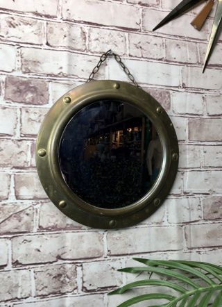 Vintage Mid Century Circular Brass Porthole Wall Mirror Convex Retro Round Glass