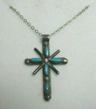 Vintage S&l Panteah Zuni Sterling Silver Petit Point Cross Pendant Necklace 18 "