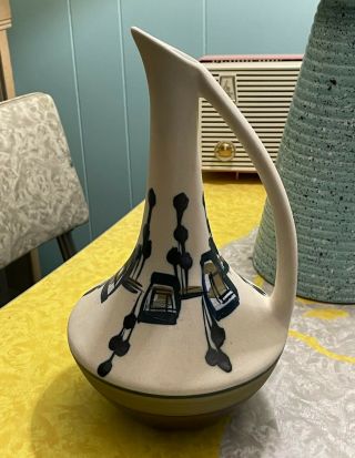 Mid Century Vintage Harsa Israel Pottery Pitcher Hand Painted Abstract Design 2