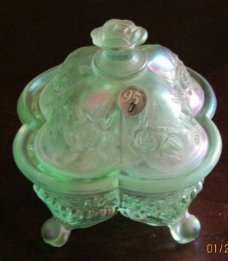 Vtg Rare Fenton Green Roses Carnival Art Glass Lidded Trinket/jewelry Box/dish