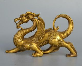 Chinese Fengshui Pure Brass Evil Dragon Kylin Unicorn Wing Beast Statue Cv
