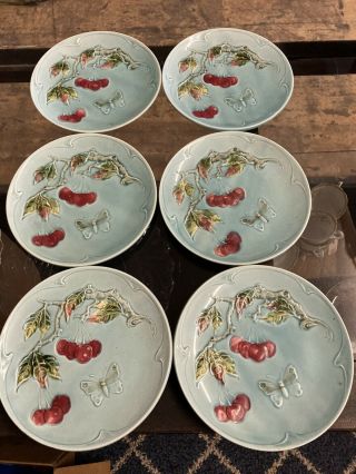 Vintage Zell Majolica Dessert Set Cherries & Butterfly 6 Plates & 1 Platter